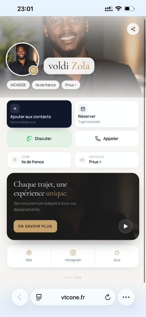 Profil ouvert après un tap NFC